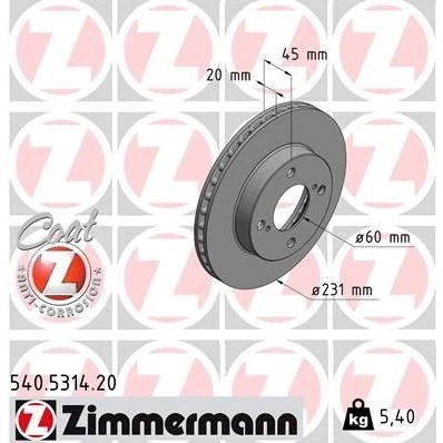 Imagem de ZIMMERMANN COAT Z 540.5314.20 Disco de travão 231 20 6/4 4 100 interior ventilado revestido