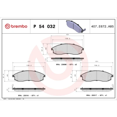 Imagem de BREMBO P 54 032 Jogo de pastilhas para travão disco com avisador sonoro desgaste sem acessórios MITSUBISHI: L200 III Pick up