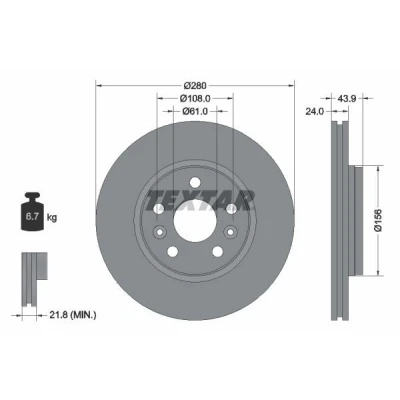 Imagem de TEXTAR PRO 92202403 Disco de travão 280 24 05/07 108 ventilado fora revestido sem pernos fixação da roda, cubo roda
