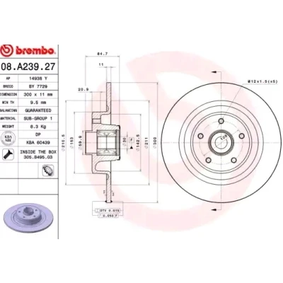 Imagem de BREMBO BEARING DISC LINE 08.A239.27 Disco de travão 300 11 5 cheio com jogo rolamentos roda, anel sensor do ABS RENAULT: ESPACE 4