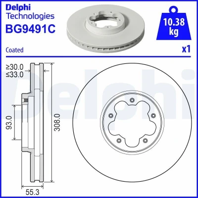 Imagem de DELPHI Disco de travão FORD: Transit Custom V362 Van, Mk7 Van 308mm 33mm 5 ventilado revestido BG9491C 2168836,2171541,BK211125EA,BK211125FA