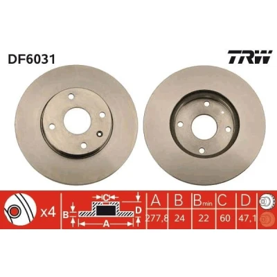 Imagem de TRW DF6031 Disco de travão 278 24 4 114,3 ventilado pintado alto carbono