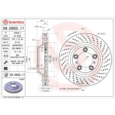 Imagem de BREMBO 09.D933.11 Disco de travão 340 34 5 perfurado/ventilado revestido alto carbono com parafusos PORSCHE: 911 Cabrio