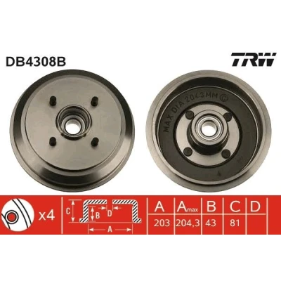 Imagem de TRW DB4308B Tambor de Travão com chumaceira, sem anel sensor do ABS 223 FORD: FIESTA 4