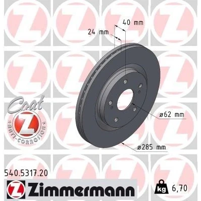 Imagem de ZIMMERMANN Disco de travão 285mm 24mm 7/5 5furos 114mm interior ventilado revestido 540.5317.20 5531168R00,5531168R00000 Discos