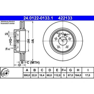 Imagem de ATE 24.0122 0133.1 Disco de travão 300,0 22,0 5 112,0 ventilado alto carbono