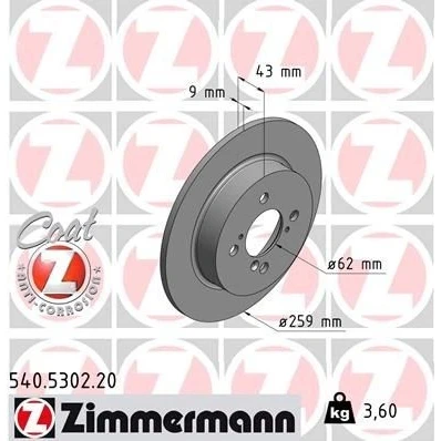 Imagem de ZIMMERMANN Disco de travão COAT Z 259mm 9mm 7/4 4furos 100mm cheio revestido 540.5302.20 5561161M10,5561168L00 Discos