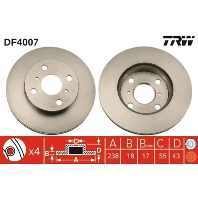Imagem de TRW DF4007 Disco de travão 238 18 4 100 ventilado pintado TOYOTA: Starlet V Hatchback, IV Paseo Coupe