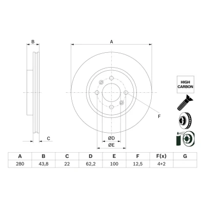 Imagem de BOSCH 0 986 479 E98 Disco de travão 280 22 4 100 ventilado revestido alto carbono com parafusos KIA: Rio 3, 4, Stonic Hatchback