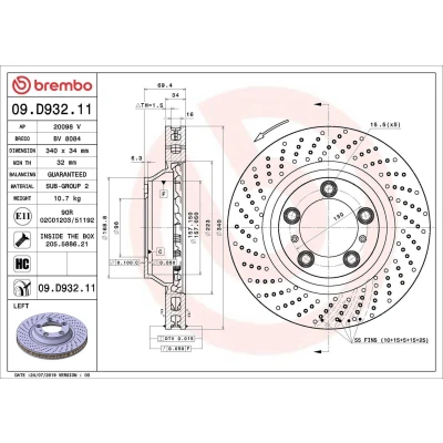 Imagem de BREMBO 09.D932.11 Disco de travão 340 34 5 perfurado/ventilado revestido alto carbono com parafusos PORSCHE: 911 Cabrio