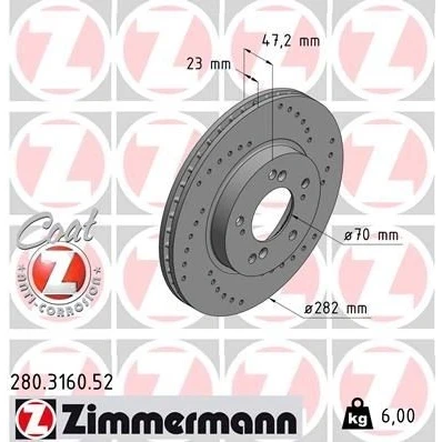 Imagem de ZIMMERMANN SPORT COAT Z 280.3160.52 Disco de travão 282 23 9/5 5 114 interior ventilado, perfurado revestido HONDA: Prelude V, Integra II Coupe