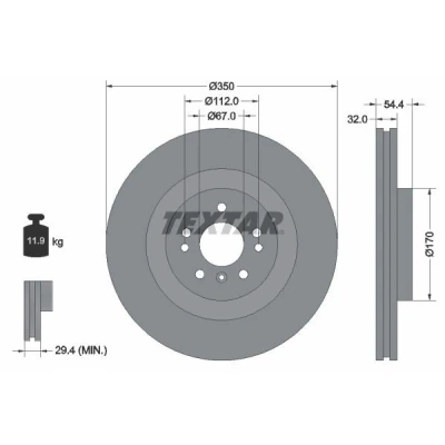 Imagem de TEXTAR PRO+ 92284205 Disco de travão 350 32 05/08 112 interior ventilado revestido alto carbono sem pernos fixação da roda, cubo roda