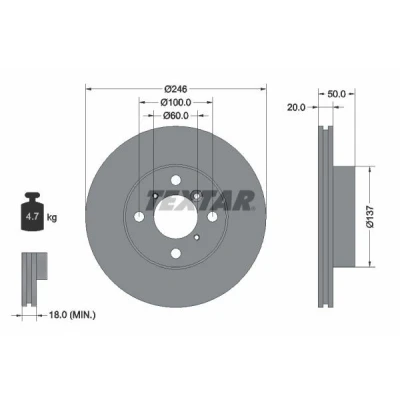 Imagem de TEXTAR 92104500 Disco de travão 246 20 04/07 100 interior ventilado sem o rolamento da roda, pernos fixação cubo roda