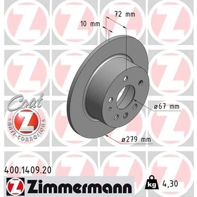 Imagem de ZIMMERMANN COAT Z 400.1409.20 Disco de travão 279 10 7/5 5 112 cheio revestido MERCEDES BENZ: W123 Sedan, /8 Classe S Sedan