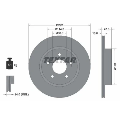 Imagem de TEXTAR PRO 92278103 Disco de travão 292 16 05/05 114,3 interior ventilado revestido sem pernos fixação da roda, cubo roda RENAULT: Koleos 2