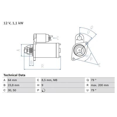 Imagem de BOSCH 0 986 021 240 Motor de arranque 12 1,1 9 OPEL: Astra H Caravan, Corsa C Hatchback, FIAT: Punto II Linea