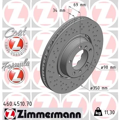 Imagem de ZIMMERMANN 460.4510.70 disco de travão 350 34 7/5 5 130 ventilado, perfurado, duas peças revestido PORSCHE: 911 Cabrio