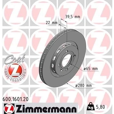 Imagem de ZIMMERMANN COAT Z 600.1601.20 Disco de travão 280 22 5/4 4 100 ventilado fora revestido SEAT: Ibiza 2, Córdoba I Vario, Sedan