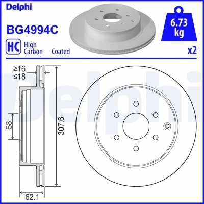 Imagem de Disco de travão DELPHI BG4994C traseira, ventilado, cheio, 2 Peça