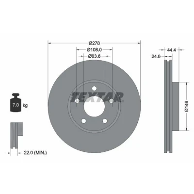 Imagem de TEXTAR PRO 92124803 Disco de travão 278 24 05/05 108 interior ventilado revestido sem pernos fixação da roda, cubo roda