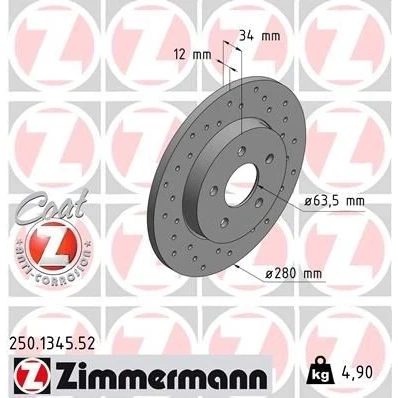 Imagem de ZIMMERMANN 250.1345.52 Disco de travão 280 12 5/5 5 108 cheio, perfurado revestido FORD: MONDEO 3 Kombi, Stufenheck, JAGUAR: X Type Sedan