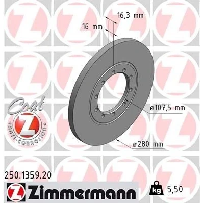 Imagem de ZIMMERMANN Disco de travão FORD: Transit Mk6 Van, Minibus COAT Z 280mm 16mm 10/10 10furos 124mm cheio revestido 250.1359.20 1371420