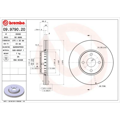 Imagem de BREMBO 09.9790.20 Disco de travão 276 25 4 interior ventilado TOYOTA: Corolla IX Station Wagon, Sedan, Verso