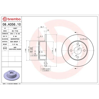 Imagem de BREMBO 08.A356.10 Disco de travão 240 10 4 cheio TOYOTA: Corolla VIII Liftback, Sedan, Compact