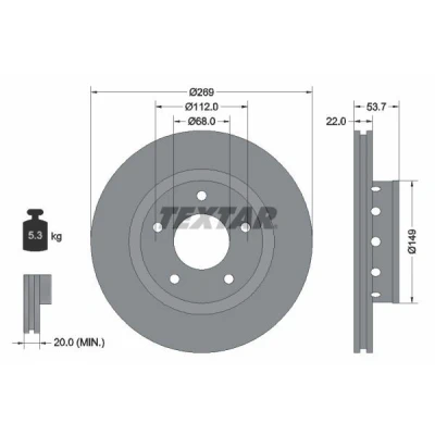Imagem de TEXTAR PRO 92176803 Disco de travão 269 22 05/05 112 ventilado fora revestido sem pernos fixação da roda, cubo roda