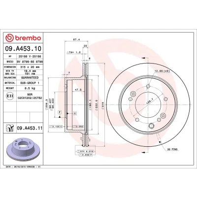 Imagem de BREMBO Disco de travão KIA: SORENTO 1 COATED DISC LINE 315mm 20mm 5 interior ventilado revestido 09.A453.11 584113E300 Discos