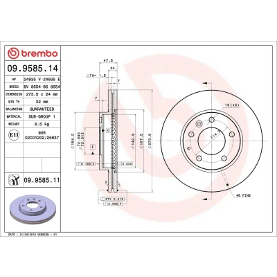 Imagem de BREMBO COATED DISC LINE 09.9585.11 Disco de travão 274 24 5 interior ventilado revestido MAZDA: 6 SW, Hatchback, FAMILIA