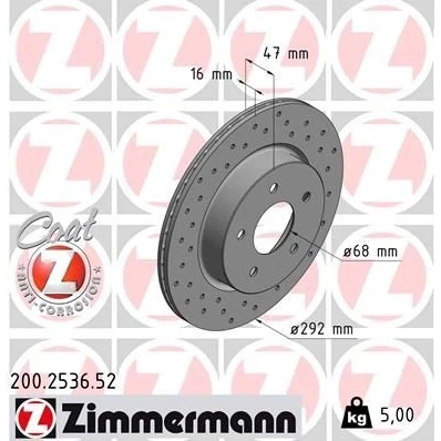 Imagem de ZIMMERMANN SPORT COAT Z 200.2536.52 Disco de travão 292 16 5/5 5 114 interior ventilado, perfurado revestido RENAULT: Koleos 2, NISSAN: X Trail