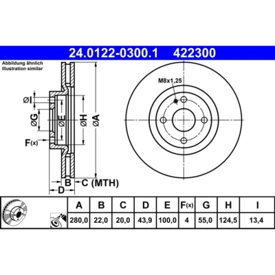Imagem de ATE 24.0122 0300.1 Disco de travão 280,0 22,0 4 100,0 ventilado revestido MAZDA: MX 5 IV RF Targa,