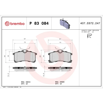 Imagem de BREMBO P 83 084 Jogo de pastilhas para travão disco com avisador sonoro desgaste sem acessórios TOYOTA: Corolla VIII Liftback