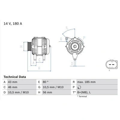 Imagem de BOSCH 0 986 081 390 Alternador 14V 180A