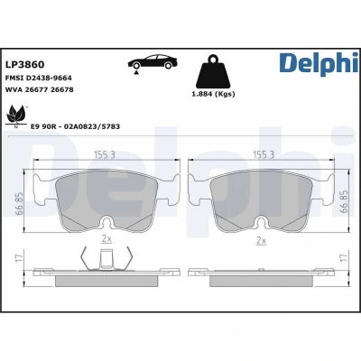 Imagem de DELPHI LP3860 Jogo de pastilhas para travão disco preparado indicador aviso desgaste com chapa anti ruído sem acessórios