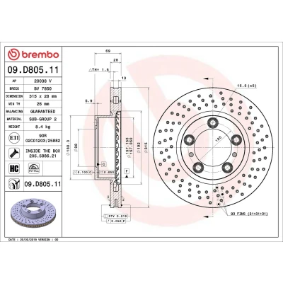 Imagem de BREMBO 09.D805.11 Disco de travão 315 28 5 perfurado/ventilado revestido alto carbono com parafusos