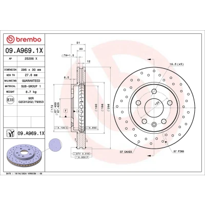 Imagem de BREMBO Disco de travão OPEL: Insignia A Sports Tourer, Sedan, SAAB: 9 5 Sedan 296mm 30mm perfurado/ventilado 09.A969.1X Discos