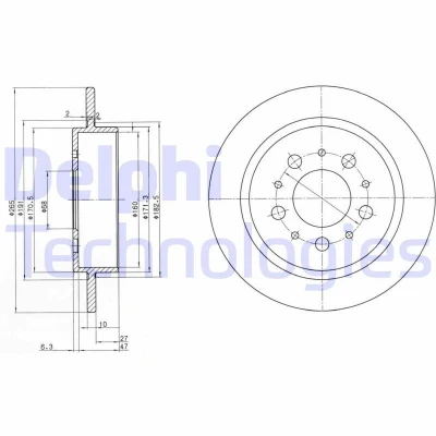 Imagem de DELPHI BG2718 Disco de travão 265 10 5 cheio oleado não tratado sem o rolamento da roda, anel sensor do ABS VOLVO: 740 Sedan, 960 I Sedan