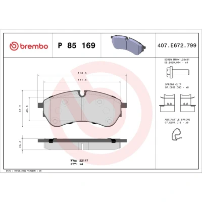 Imagem de BREMBO P 85 169 Jogo de pastilhas para travão disco preparado indicador aviso desgaste com parafusos pinça acessórios