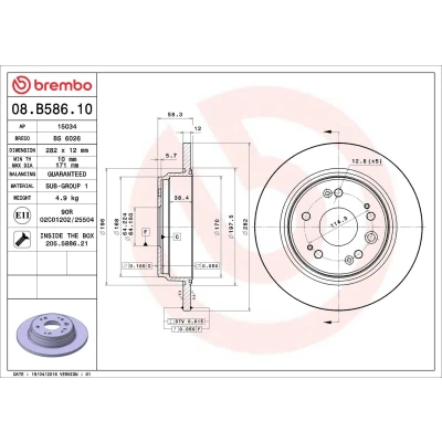 Imagem de BREMBO 08.B586.10 Disco de travão 282 12 5 cheio com parafusos