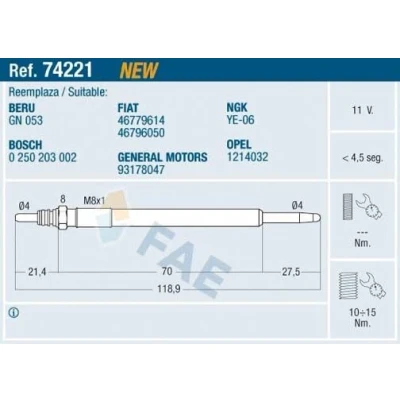 Imagem de FAE 74221 Vela incandescente 11V M8x1 OPEL: Astra H Caravan, Hatchback, GTC, FIAT: Grande Punto II Hatchback