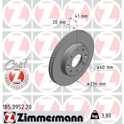 Imagem de ZIMMERMANN COAT Z 185.3952.20 Disco de travão 236 20 8/4 4 100 interior ventilado revestido CHEVROLET: Spark, DAEWOO: Kalos Hatchback
