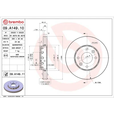 Imagem de BREMBO Disco de travão COATED DISC LINE 280mm 26mm 4 interior ventilado revestido 09.A149.11 0K2FA33251 Discos
