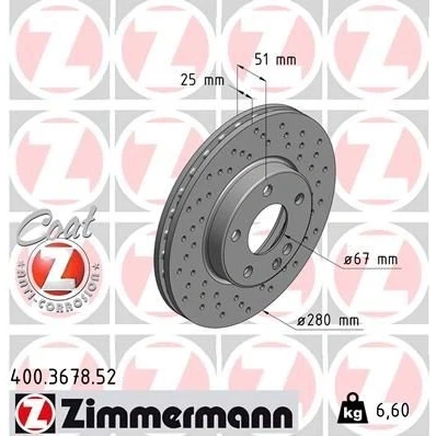 Imagem de ZIMMERMANN SPORT COAT Z 400.3678.52 Disco de travão 280 25 6/5 5 112 interior ventilado, perfurado revestido alto carbono MERCEDES BENZ: Classe A