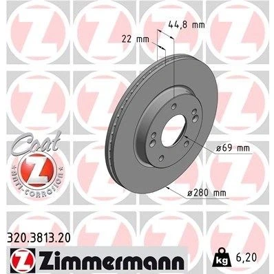 Imagem de ZIMMERMANN 320.3813.20 Disco de travão 280 22 7/5 5 114 interior ventilado revestido HYUNDAI: Ioniq