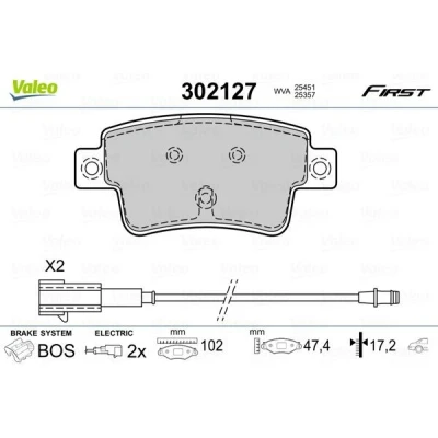 Imagem de VALEO 302127 Jogo de pastilhas para travão disco FIRST Eixo traseiro incl. contacto aviso desgaste com chapa anti ruído