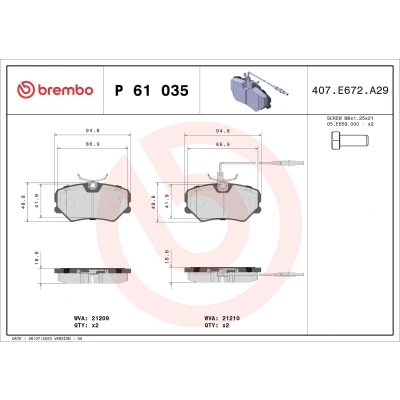 Imagem de BREMBO P 61 035 Jogo de pastilhas para travão disco incl. contacto aviso desgaste com parafusos pinça sem acessórios