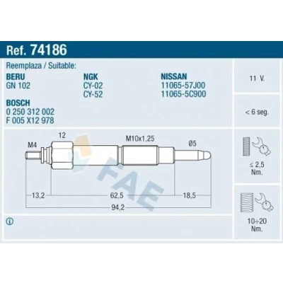 Imagem de FAE 74186 Vela incandescente 11V M 10x1.25 NISSAN: Primera Sedan