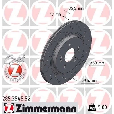 Imagem de ZIMMERMANN Disco de travão 314mm 18mm 7/5 5furos 114mm interior ventilado, perfurado 285.3545.52 Discos